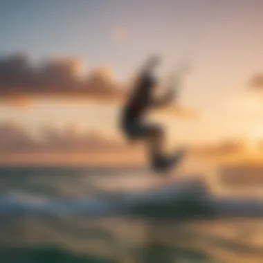 A kiteboarding enthusiast showcasing advanced techniques against a vibrant sunset backdrop.