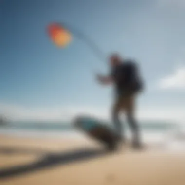 A kiteboarder utilizing an Airtech bag on the beach.