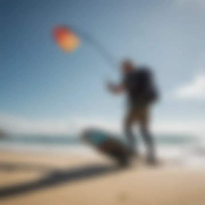 A kiteboarder utilizing an Airtech bag on the beach.