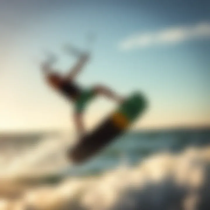 Kiteboarder demonstrating the use of air straps during a jump