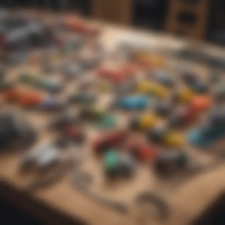 Diverse types of leash plugs displayed on a workbench