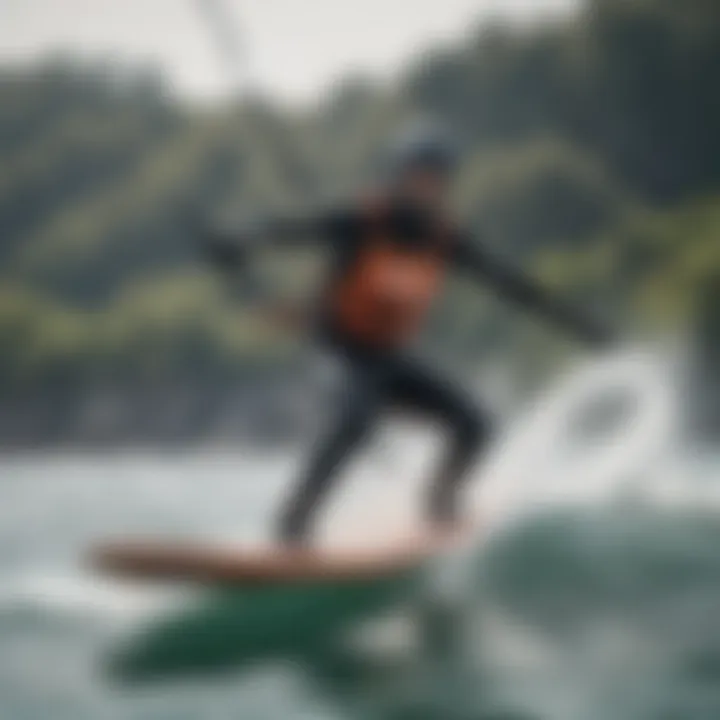 Kiteboarder in action using a foil board in the water