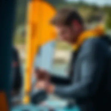 An expert demonstrating the proper way to assemble kite surfing gear