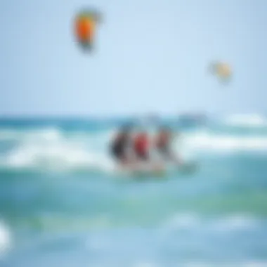 A group of kiteboarders enjoying the waves together