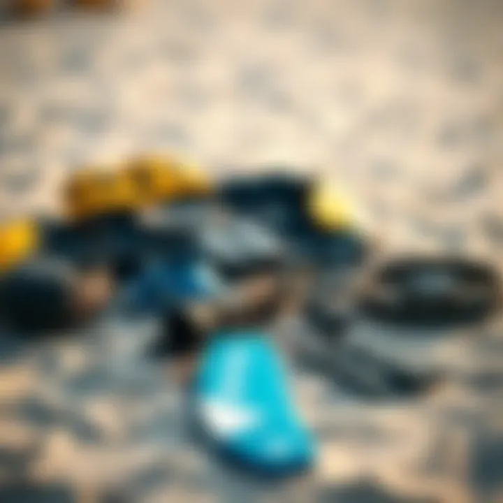 Essential kiteboarding gear laid out on the sand