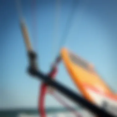 Control Bar and Lines of a Trainer Kite A detailed shot of the control bar and lines of a kitesurfing trainer kite