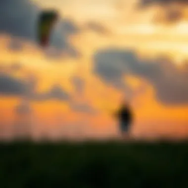 Rider Practicing with Trainer Kite at Sunset A serene landscape featuring a rider practicing with a trainer kite at sunset