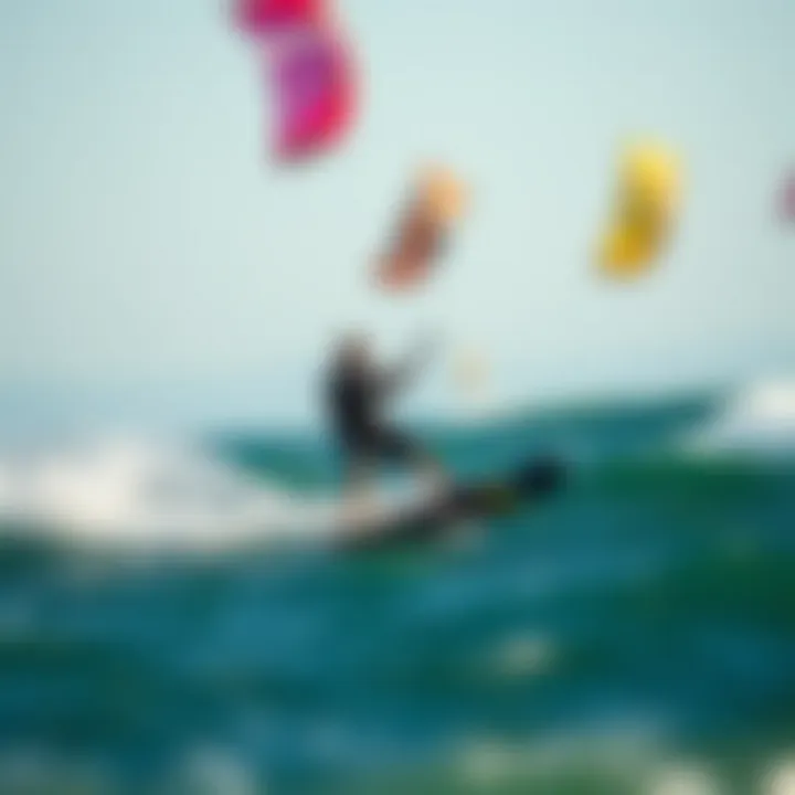 Close-up of a kiteboarder skillfully maneuvering over the waves with vibrant kites flying above