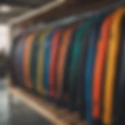 Colorful wetsuits displayed on a rack