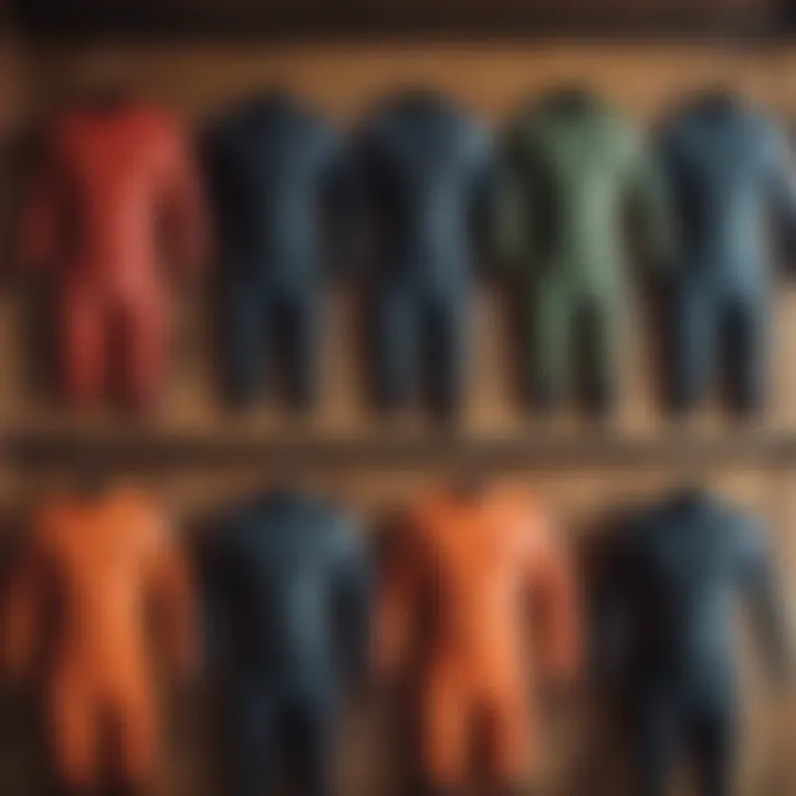 Different types of wetsuits laid out for comparison