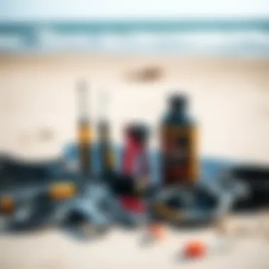 Maintenance tools and tips for carbon foils displayed on a beach setting.