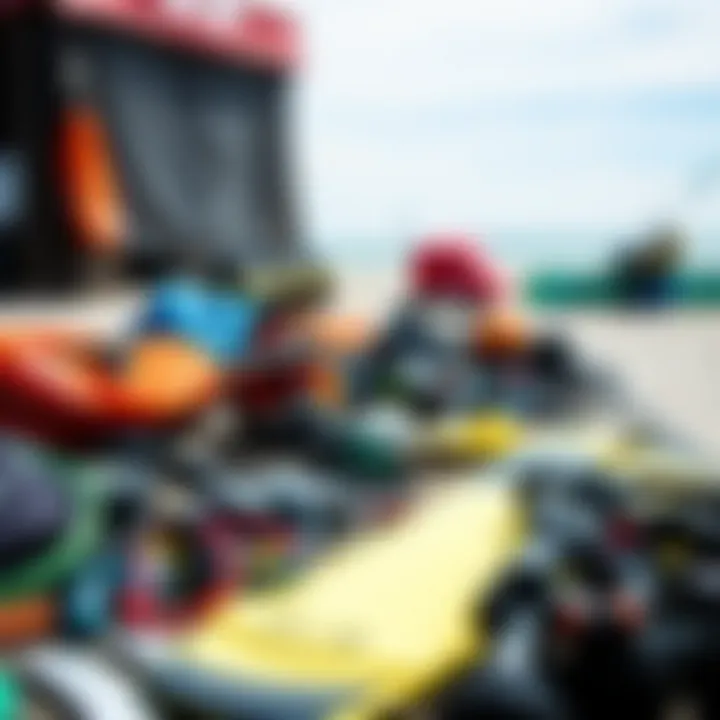 Essential kiteboarding equipment laid out for enthusiasts at Cold Hawaii