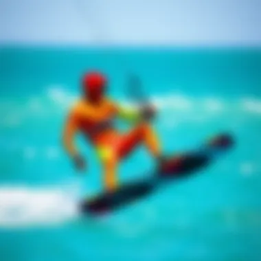 A vibrant kiteboarder showcasing a colorful wetsuit against a bright blue ocean