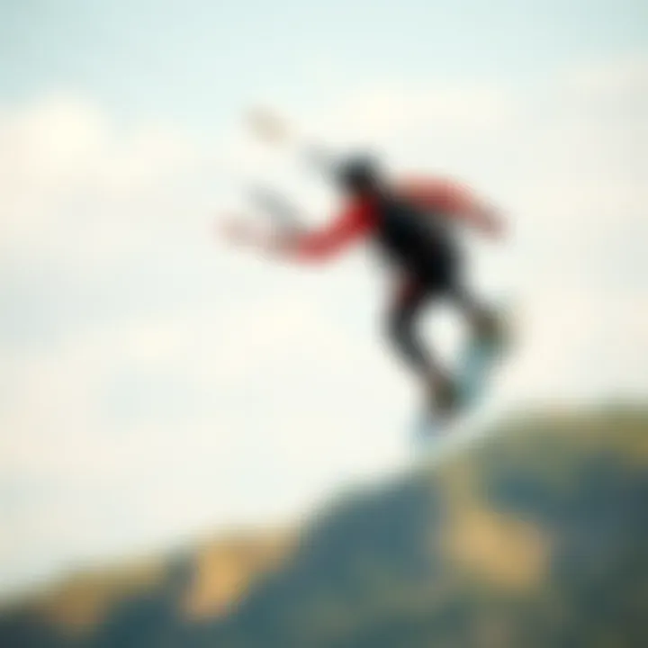 A kiteboarder soaring through the air, the colors of their wetsuit contrasting with the sky