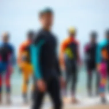 An organized display of different wetsuit designs showcasing unique color palettes