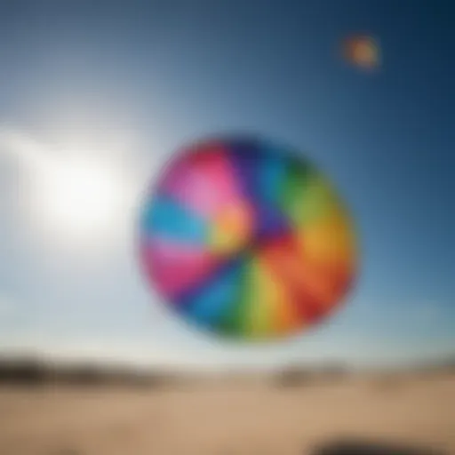 A colorful low wind kite soaring against a clear blue sky