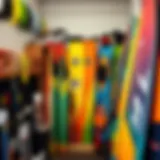 A vibrant kitesurf shop showcasing a variety of colorful kites and boards