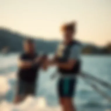 An instructor guiding a beginner through wakefoiling techniques