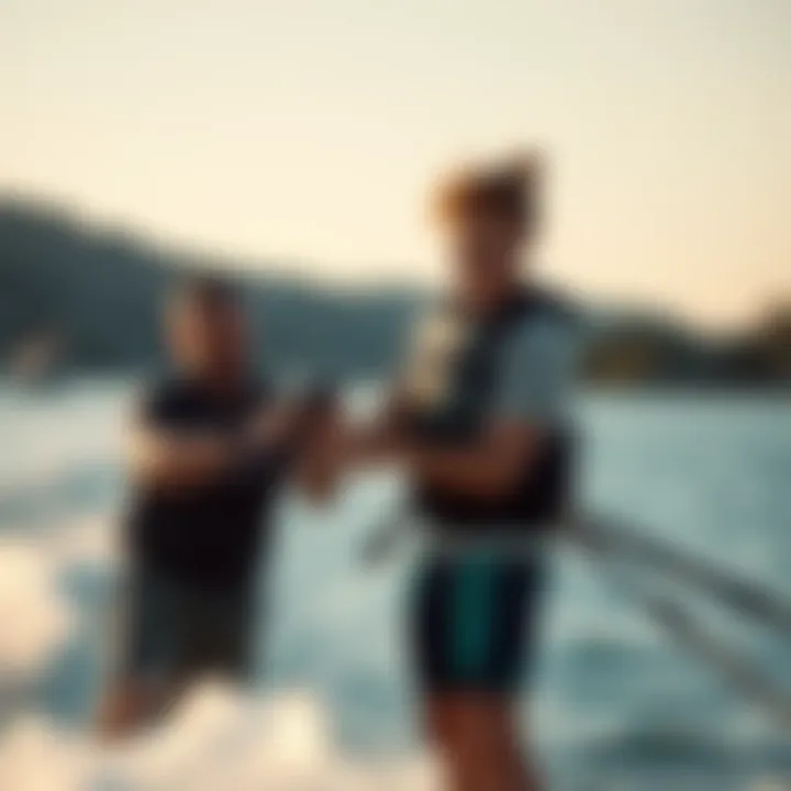 An instructor guiding a beginner through wakefoiling techniques