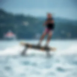 A stylish wakefoil board gliding over the water