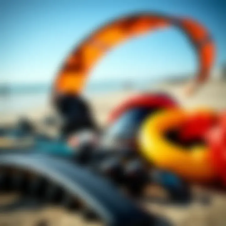 Close-up of high-quality kiteboarding gear laid out on the beach