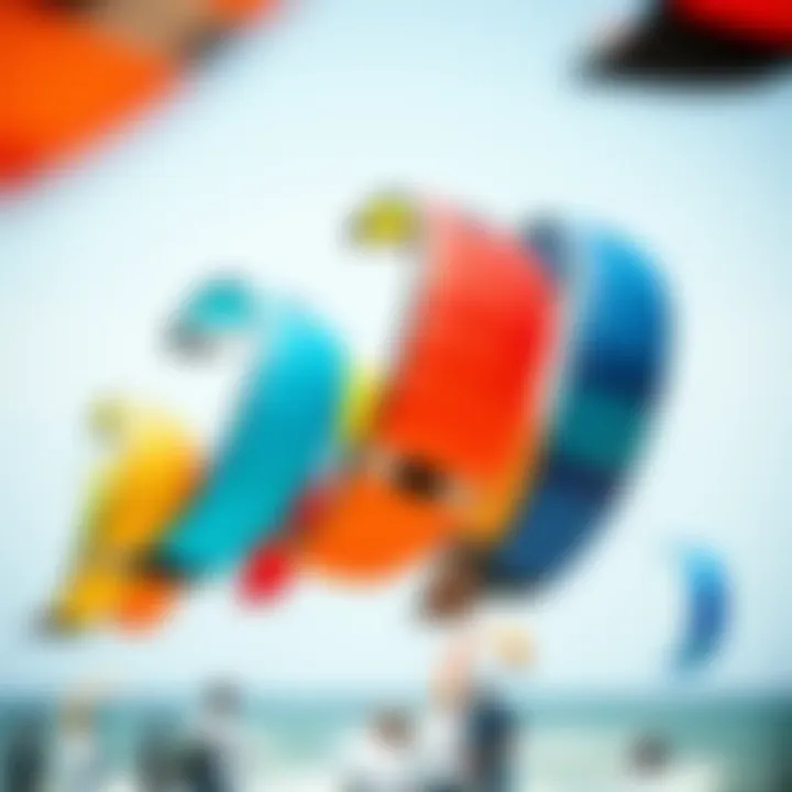 Colorful kites fluttering in the breeze at a kiteboarding event