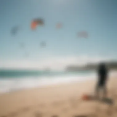 A group of kitesurfers enjoying a community session on the beach