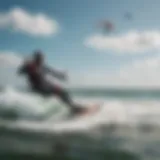 A dynamic view of kitesurfers riding the waves under a clear sky.