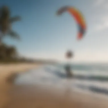 Prioritizing Kitesurfing Safety A serene beach setting with safety equipment visible, emphasizing the importance of safety in kitesurfing.