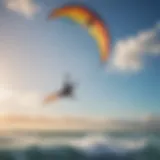 A vibrant kitesurfing scene showcasing a colorful kite soaring through the sky over a sparkling ocean.