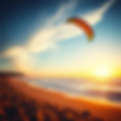 A vibrant kite soaring high above a tranquil beach during sunset