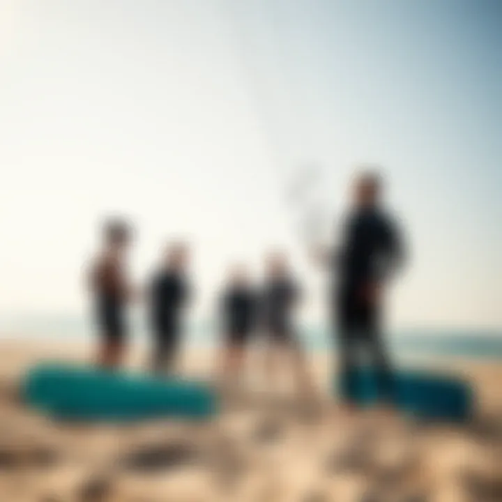 A group of kiteboarders gathered, sharing tips and techniques on the beach