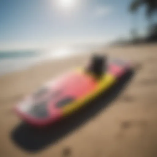 A vibrant Crazyfly kiteboarding board on the beach