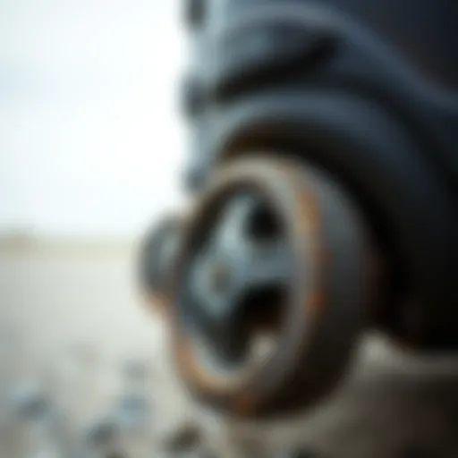 A close-up view of Dakine luggage showcasing worn-out wheels