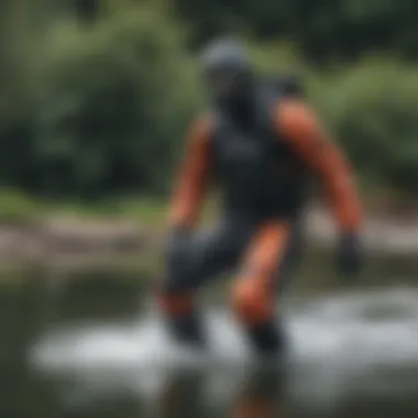 Drysuit displayed in a natural water setting highlighting its design and features