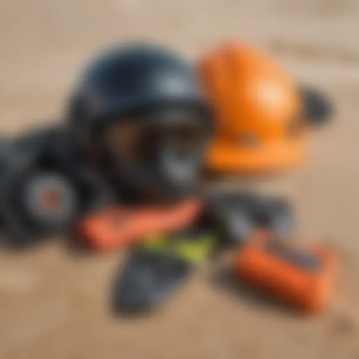 Safety gear laid out on the sand