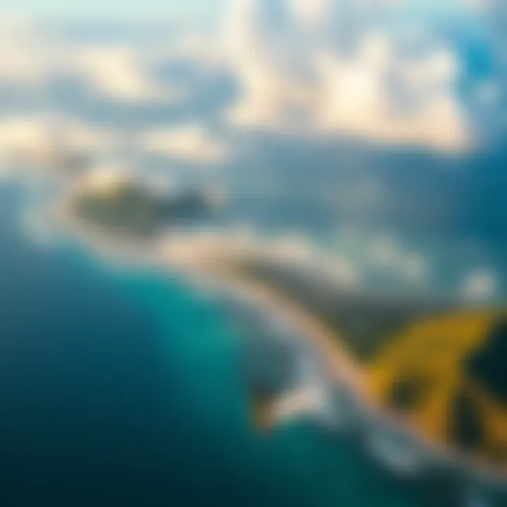 An aerial perspective of Mauritius showcasing its beautiful coastline and ideal kiteboarding spots