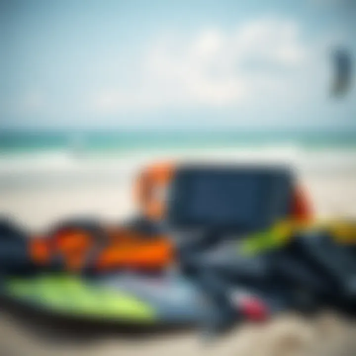Kiteboarding gear laid out on the beach, ready for an adventure