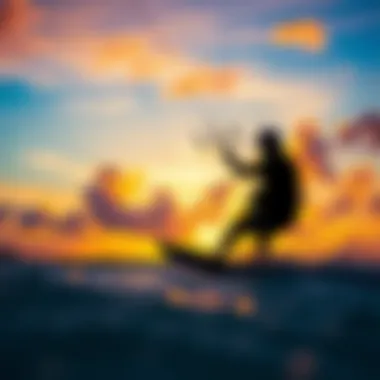 A vibrant sunset backdrop framing a kiteboarding session on the beach
