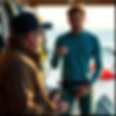 Guidance from Experts in Kite Selection A knowledgeable seller assisting a customer in choosing kite surfing gear