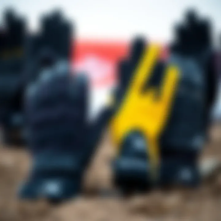 A selection of various 3mm surfing gloves arranged for comparison