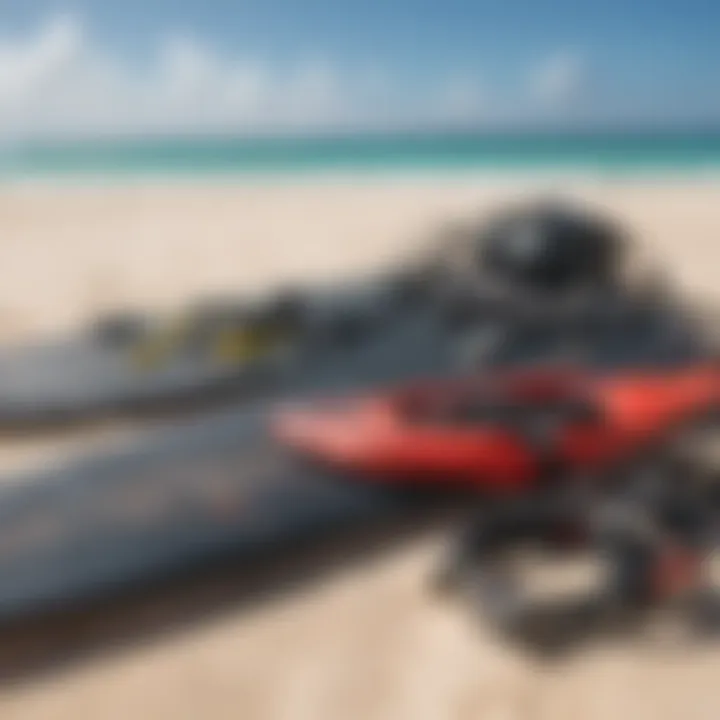 Close-up of essential kitesurfing gear laid out on the sandy beach of Aruba