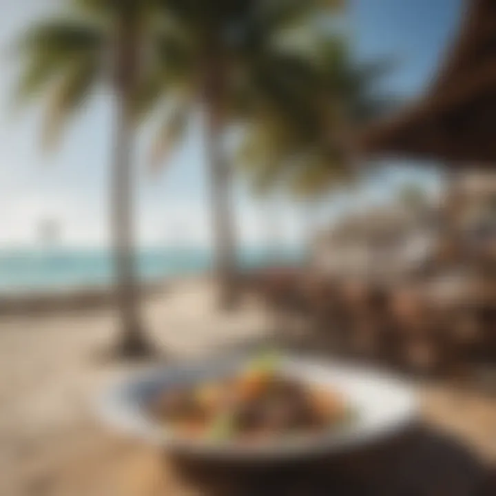 A colorful beach bar showcasing local cuisine with kitesurfing in the background