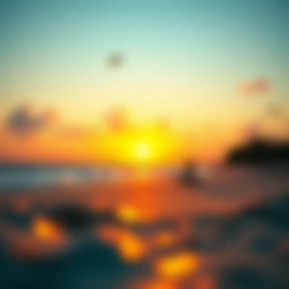 A breathtaking view of a kiteboarding beach at sunset