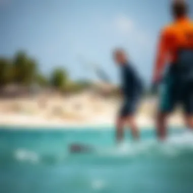 Expert Guidance in Kiteboarding Lessons An instructor guiding a kiteboarding lesson in clear waters