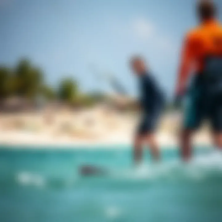 Expert Guidance in Kiteboarding Lessons An instructor guiding a kiteboarding lesson in clear waters