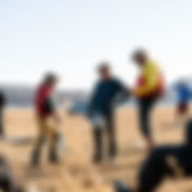 Community gathering of kiteboarders sharing tips and experiences