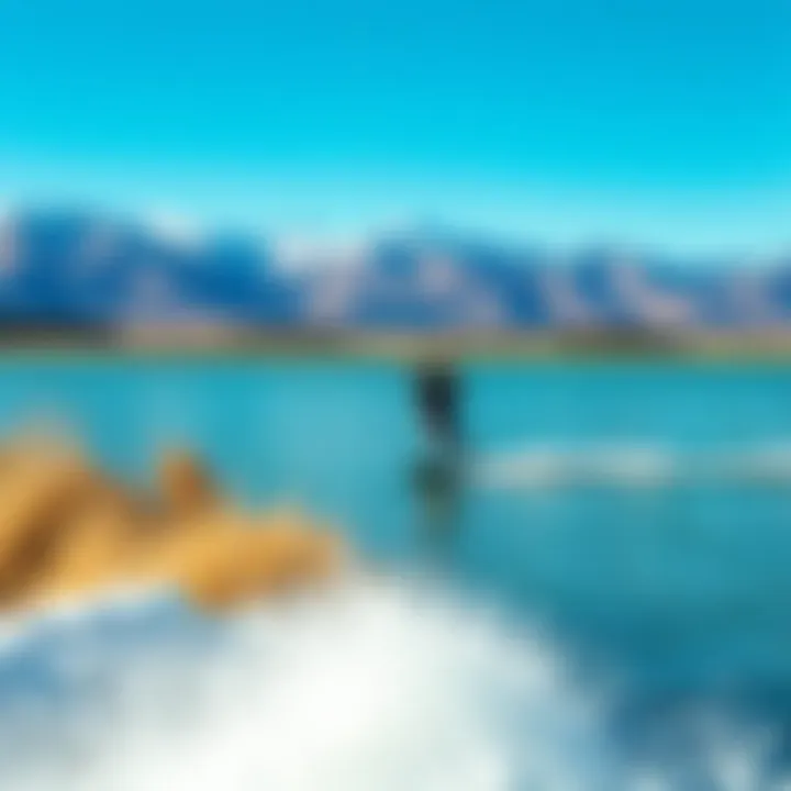 Kiteboarding at Serenity Lake Panoramic view of kiteboarding on a serene lake with mountains in the background