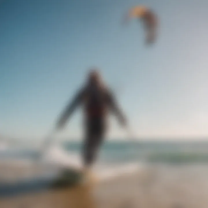 A serene beach scene with a kiteboarder in the distance using an Axis Kiteboard