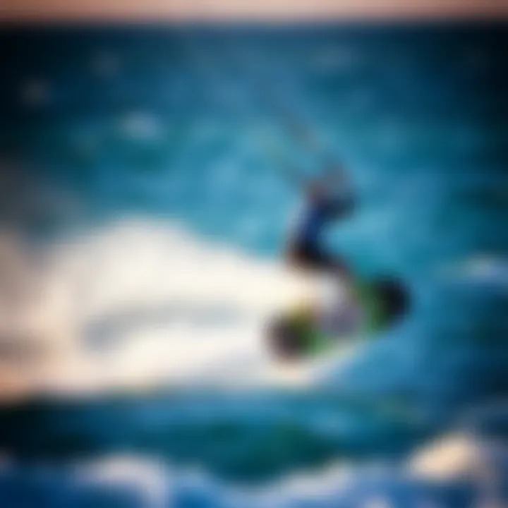 Rider in Action on Cabrinha Kite Board Dynamic action shot of a rider maneuvering a Cabrinha kite board